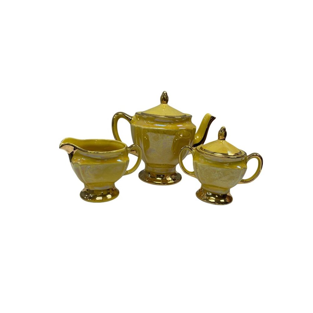 Canonsburg VTG yellow lusterware tea sugar creamer set SKU 9823